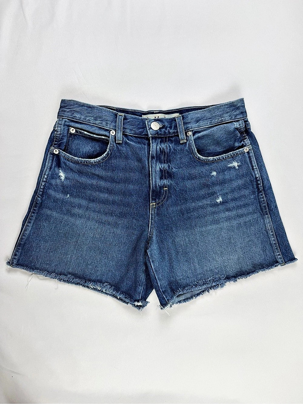 AMO Billie Shorts 27 High Rise Distressed Denim Cutoff Raw Hem Los Angeles
